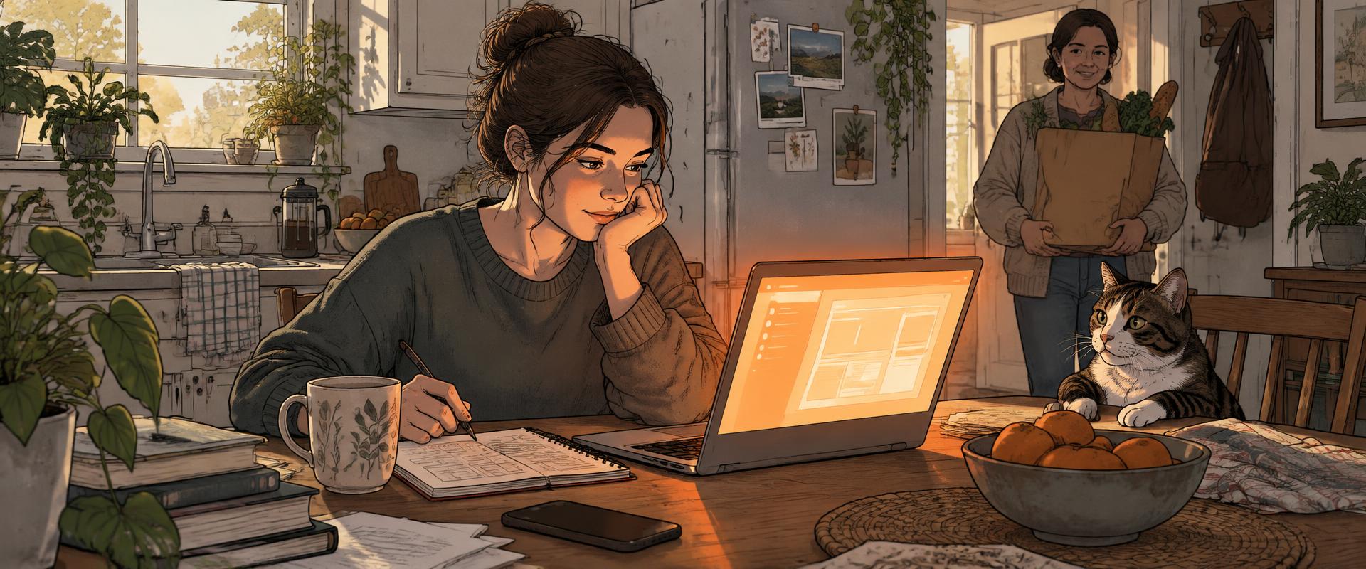 Illustration of a woman building an app on a laptop at her kitchen table, notebook sketches beside her, a housemate coming in with groceries and a cat on a chair