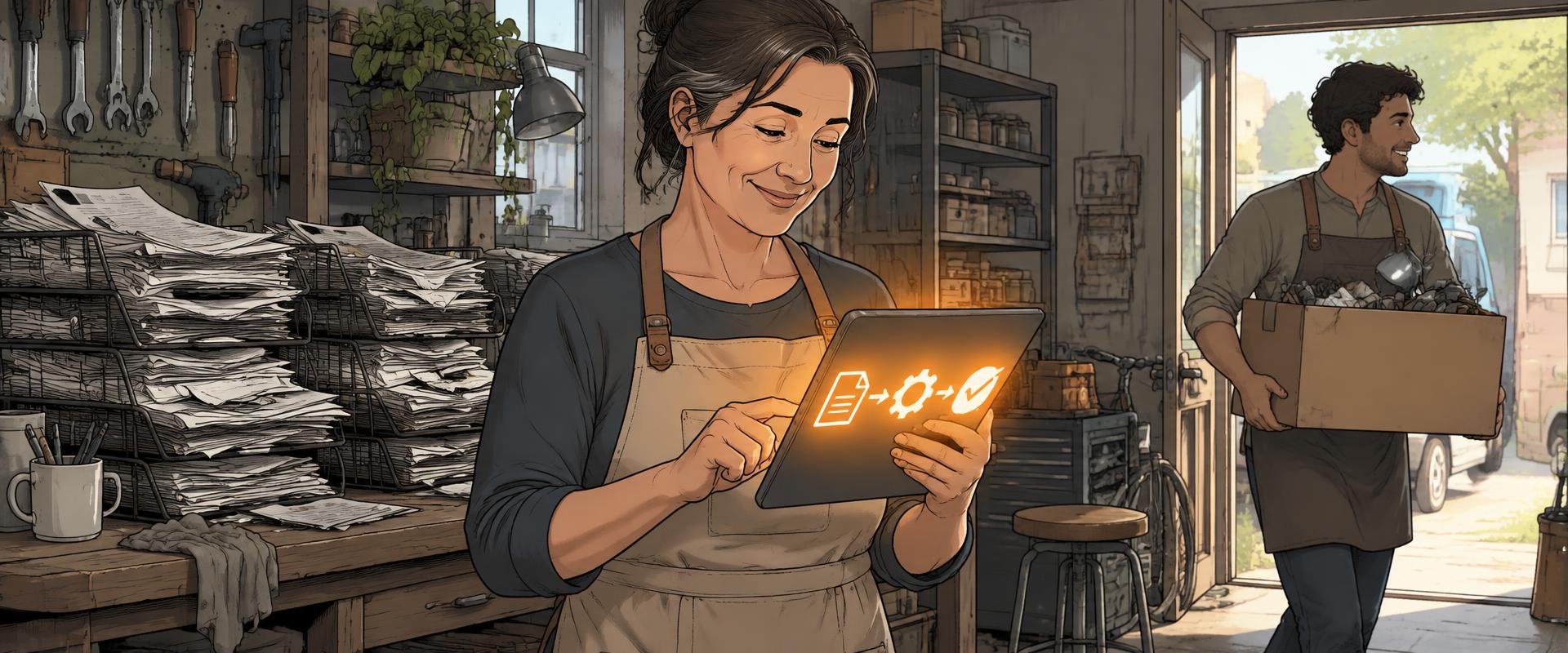 Illustration of a repair shop owner in an apron reading a tablet showing an automated document-to-approval flow, with trays of old paperwork stacked beside her