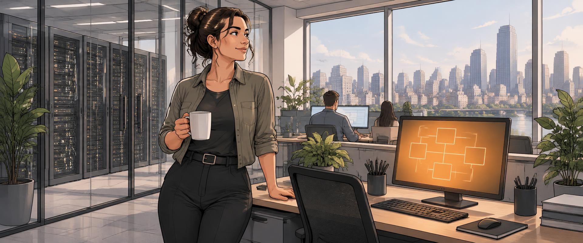 Illustration of an engineer with a coffee standing in a glass-walled city office beside server rooms, an architecture diagram glowing orange on her monitor