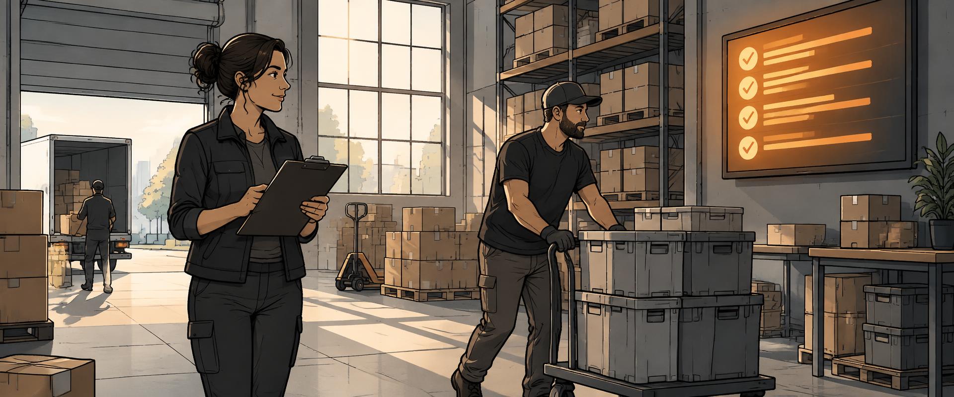 Illustration of a warehouse dispatch floor with a supervisor holding a clipboard, a worker moving crates, and a wall screen showing a checklist of completed checks in orange